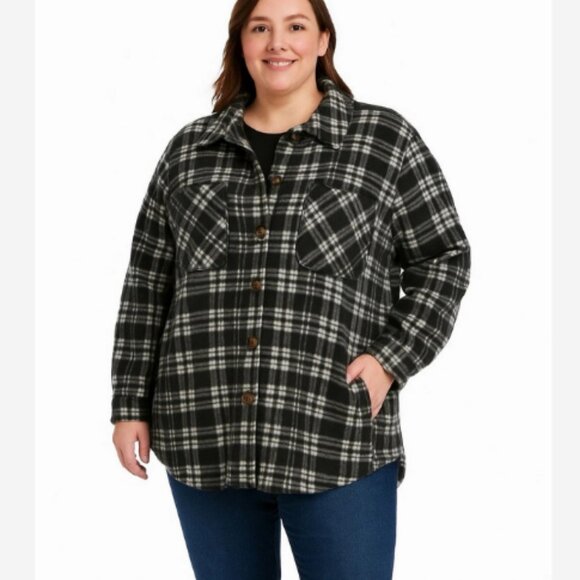Terra Sky Jacket Women’s Size 3X Black Gray Plaid Fleece Button Up Side Pockets - Picture 1 of 2
